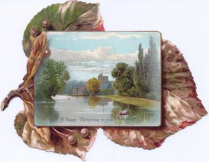 Eine viktorianische Stanzkarte in Form eines Blattes mit einem Gemälde eines Ruderbootes auf einem See, ca. 1880 von English School